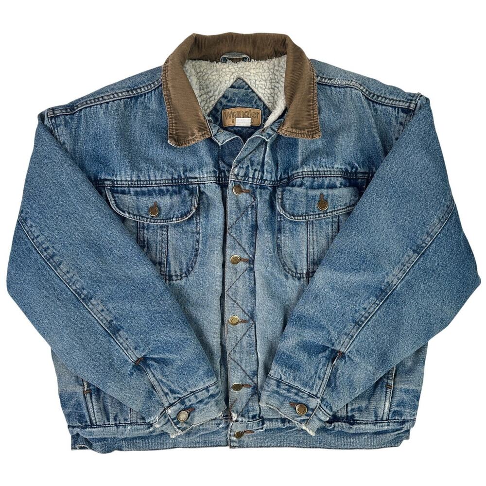 Vintage Wrangler Sherpa-Lined Denim Trucker Jacket W/ Corduroy Collar Men's Sz L